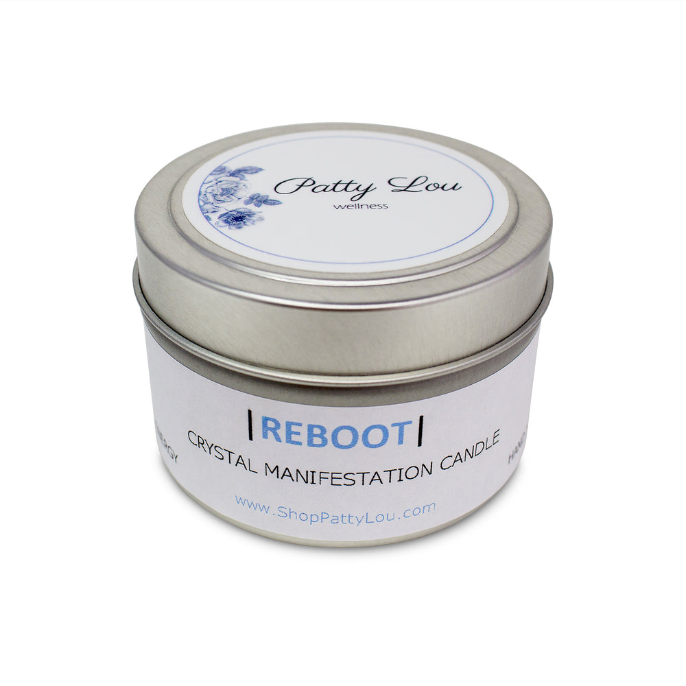 Patty Lou Reboot Crystal Candle, was created as a daily cleanse of negative energy from our our mind, body, spirit and space. custom aromatherapy notes and black tourmaline infused with reiki energy are perfectly aligned to reboot your energy 