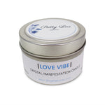 Patty Lou Love Vibe crystal manifestation candle, contains essential fragrance oil and rose quartz crystal infused with reiki energy